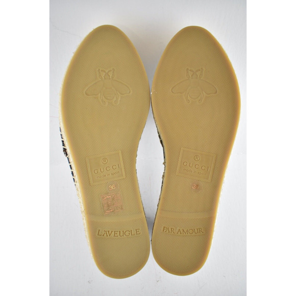 Gucci Jacquard Denim Blue Tea Brown Leather Ivory GG Logo Flat Espadrilles 36 - Picture 11 of 11